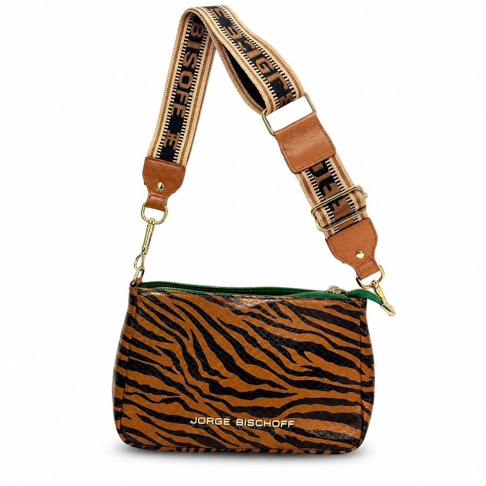 Jorge Bischoff Tiger Zebra Print Brown Strap Crossbody Bag Adjustable Purse